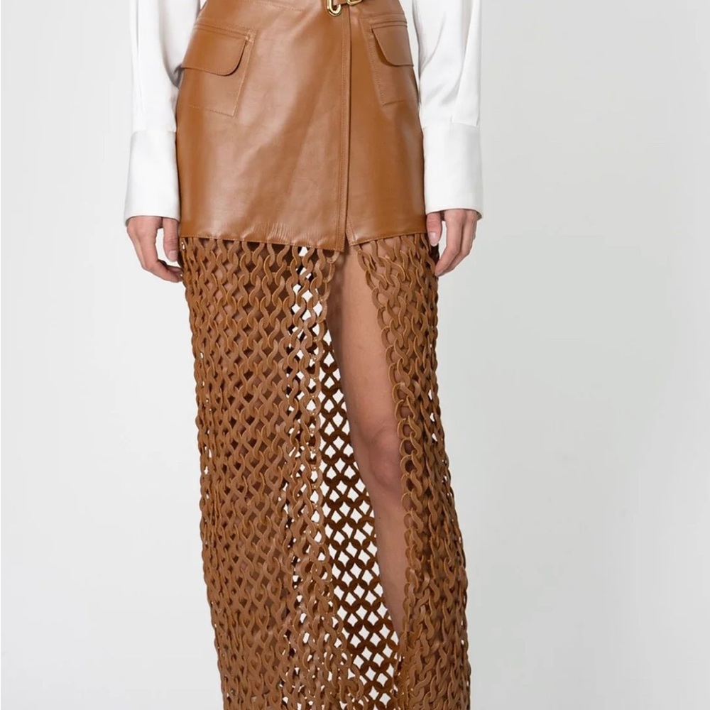 Honey Brown  100 percent Leather Skirt with Woven Detail